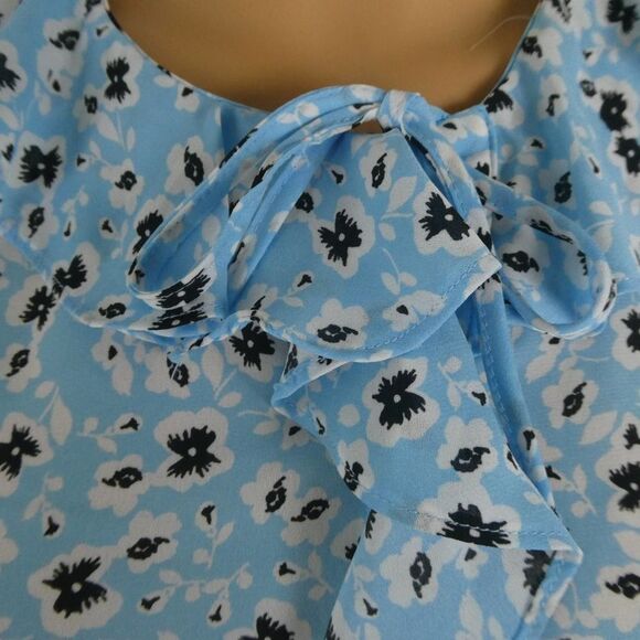 Topshop Floral Button Up Blouse Bubble Sleeve Ruffle Tie Neck Top Blue White - Picture 6 of 10
